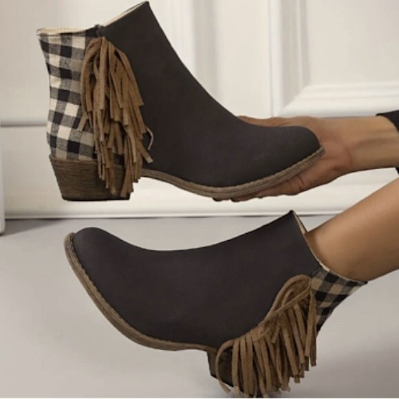 Code West Low Key Western Bootie With Fringe and Plaid Details in Brown 6.5M - Picture 1 of 12